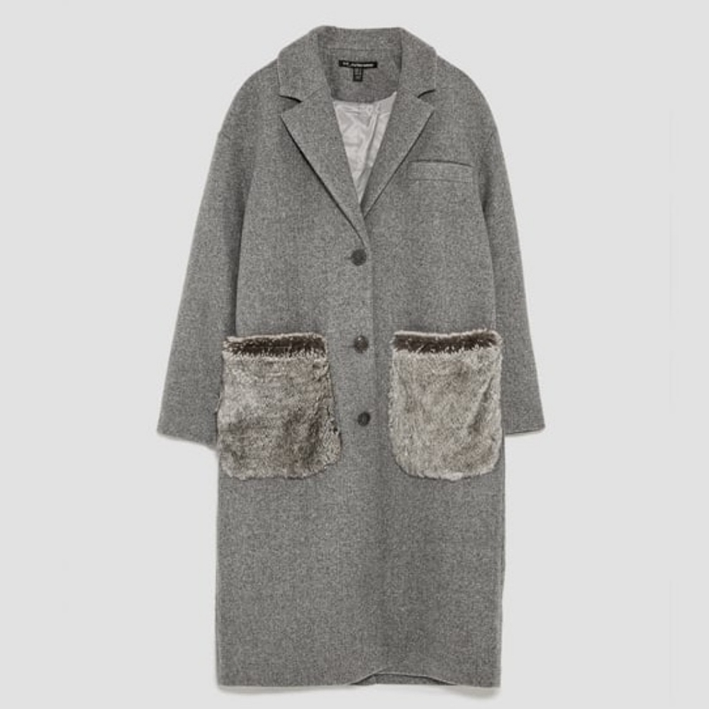 ZARA Grey Fuzzy Pocket Pea Coat
